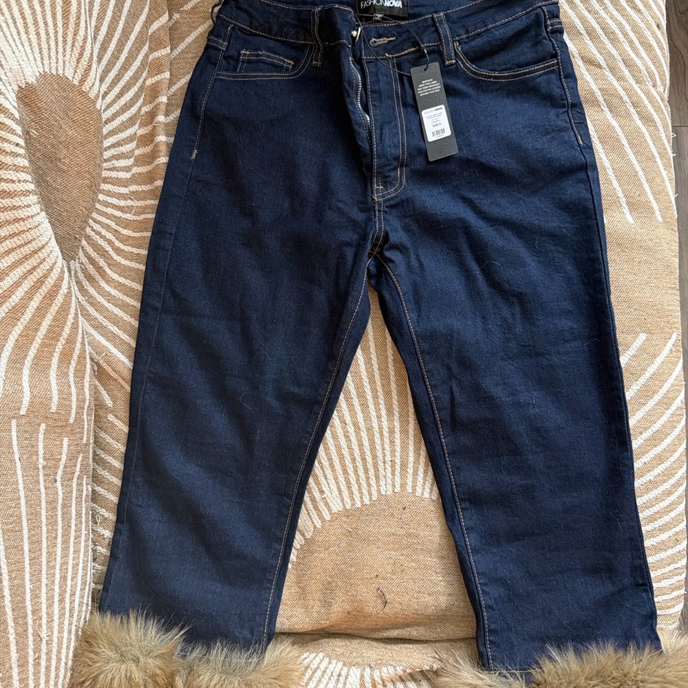 Fashion Nova Dark Blue Cropped Jeans with Faux Fur Trim - Picture 4 of 4